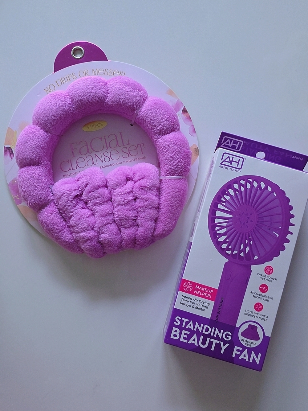 Plush Purple Facial Cleanse Headband + Standing Beauty Fan